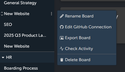 Popup menu with board settings