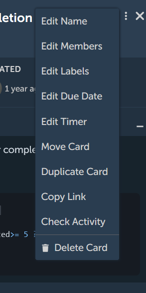 Card context menu with card edit options