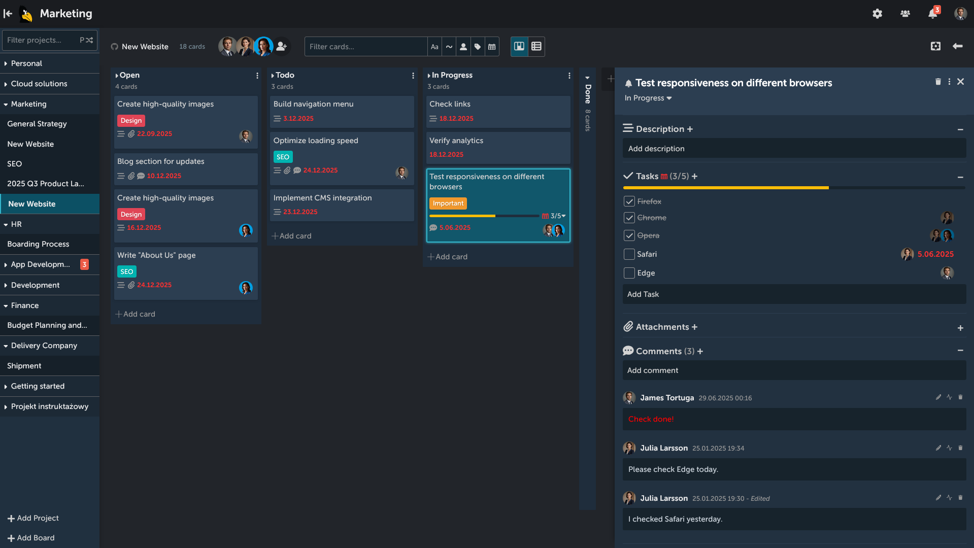 Open card view with full board view