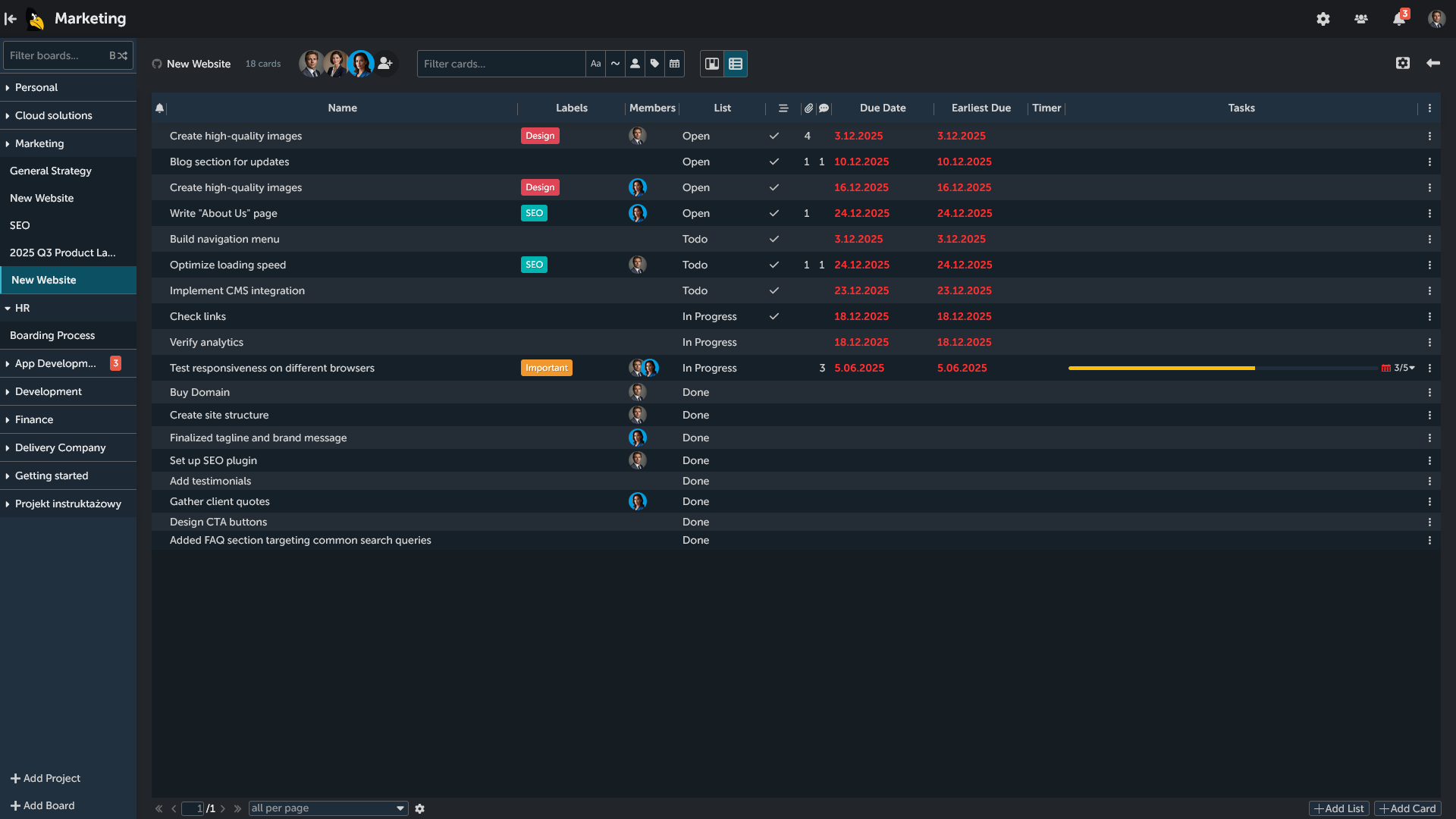 List view showing the "New website" board