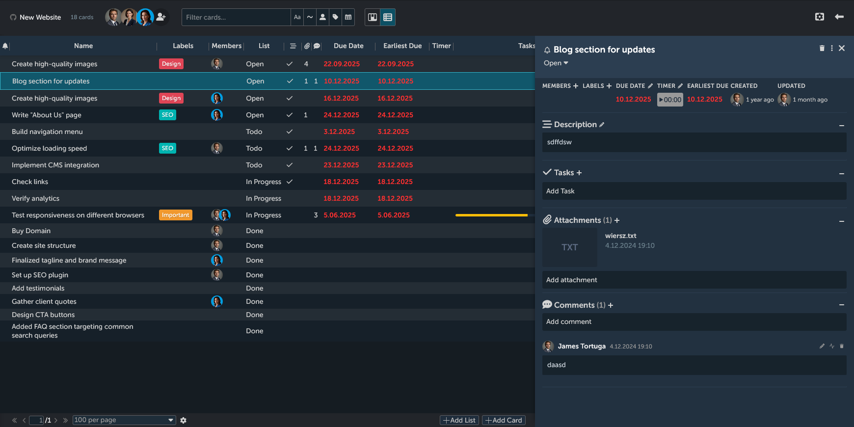List view with card opened