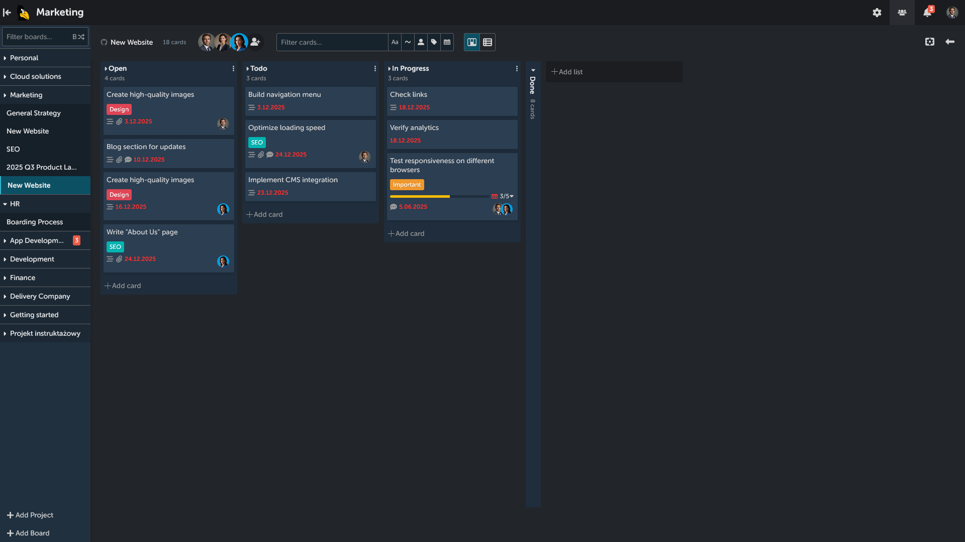 Main view showing the getting started board