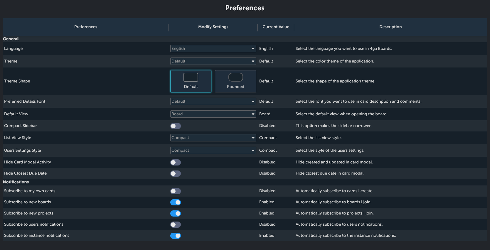 User preferences settings
