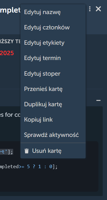 Menu kontekstowe karty