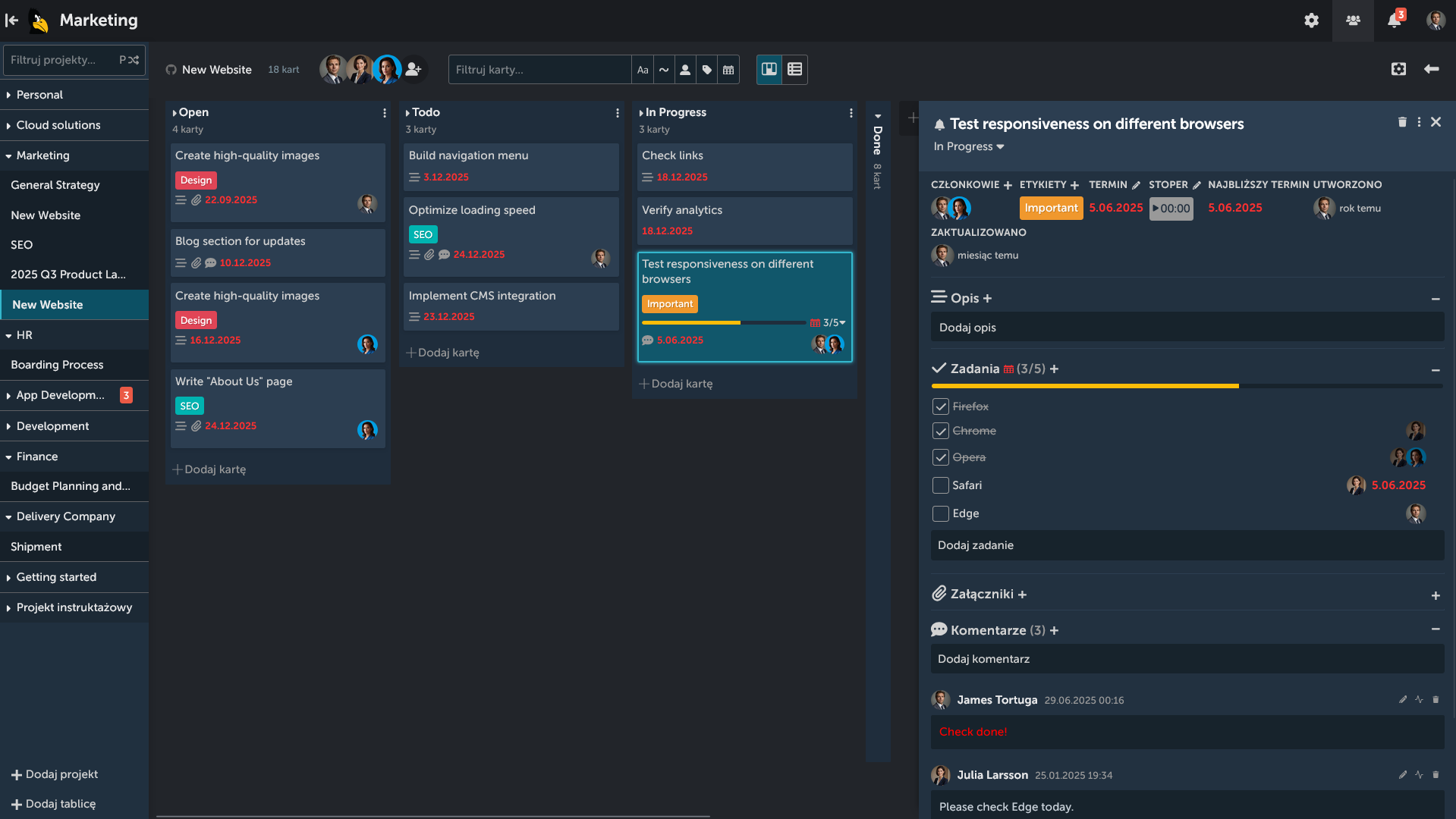 Widok otwartej karty w widoku tablicy