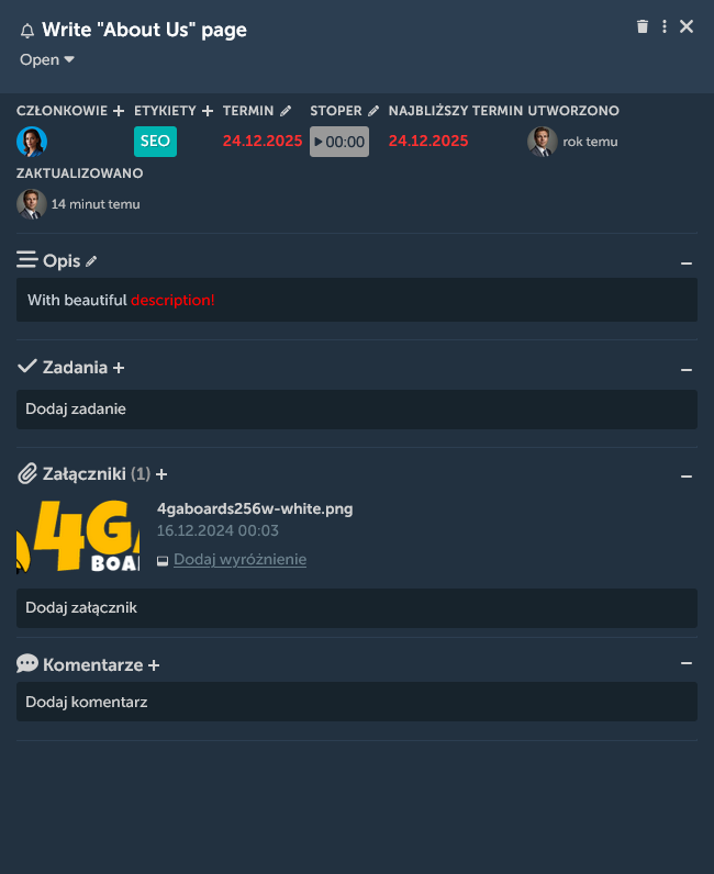 Główny widok karty