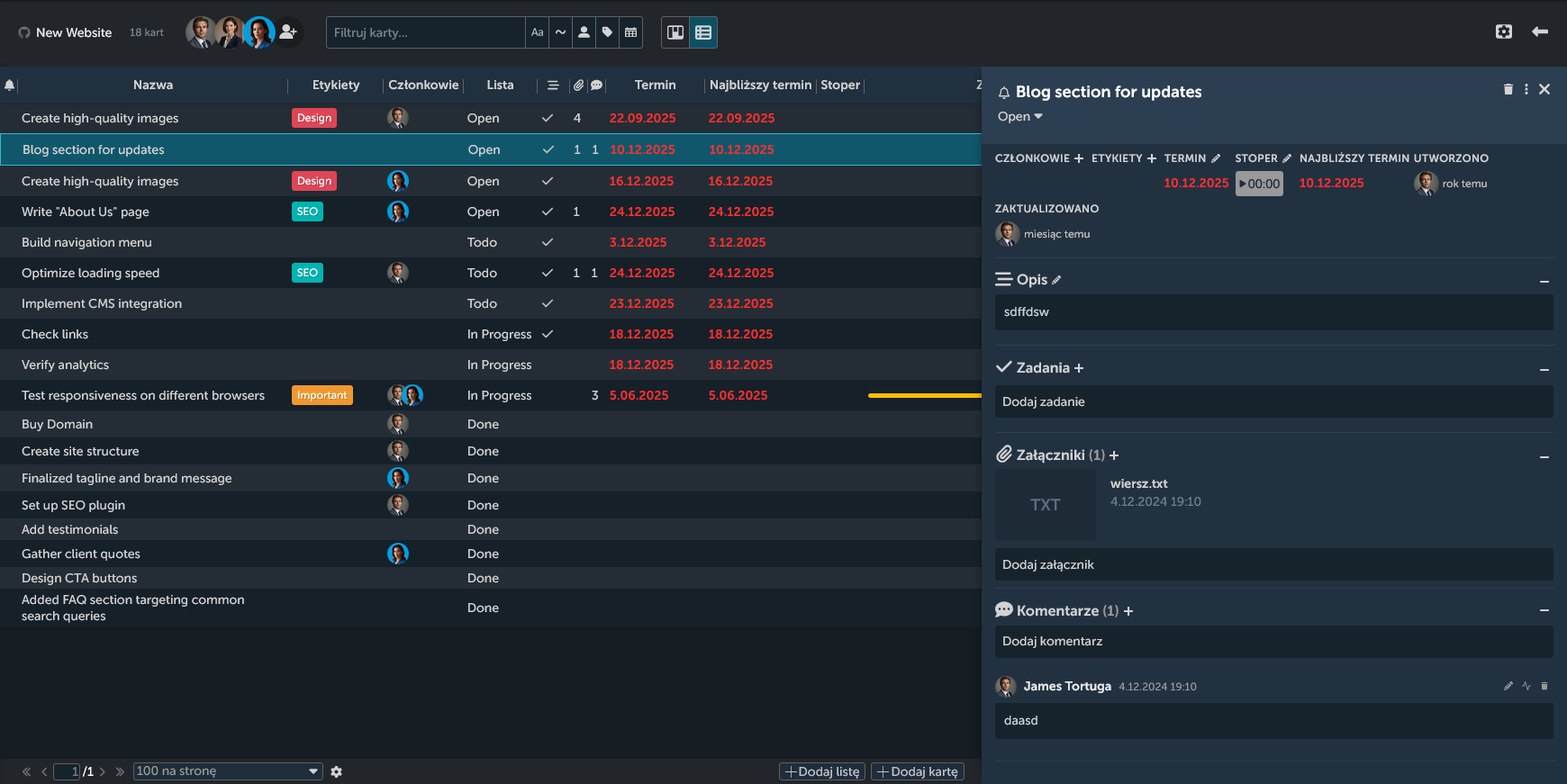 Widok list z otwartą kartą